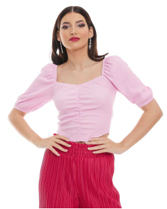 Crinkled Top with Sweetheart Neck and Puff Sleeves
