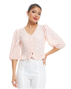 Schiffli Top with Puff Sleeves and Drawstring Front