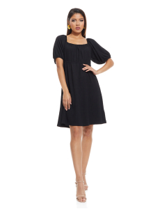 Crinkled Flared Dress with Square Neck and Puff Sleeves