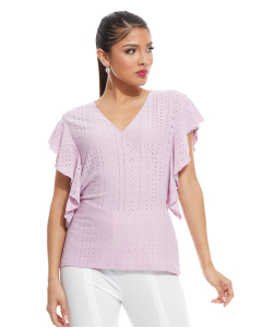 Schiffli Top with V-Neck and Ruffle Sleeves