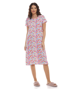 Printed Short Night Gown with Crew Neck and Short Sleeves