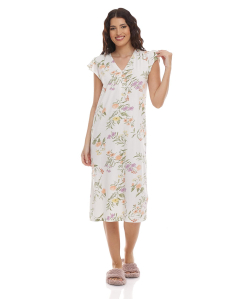 Printed Night Gown with V-Neck and Short Sleeves