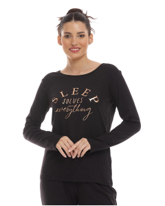 Solid Sleep Top with Crew Neck and Long Sleeves