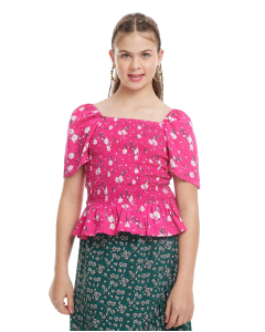 Floral Printed Top with Square Neck and Puff Sleeves