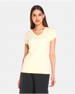 Yellow Cotton Solid V- Neck Tee