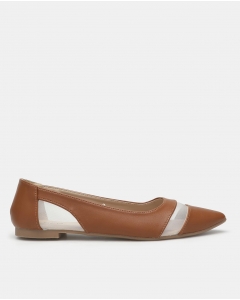 Brown Textured Pointed Toe Ballerina Shoes